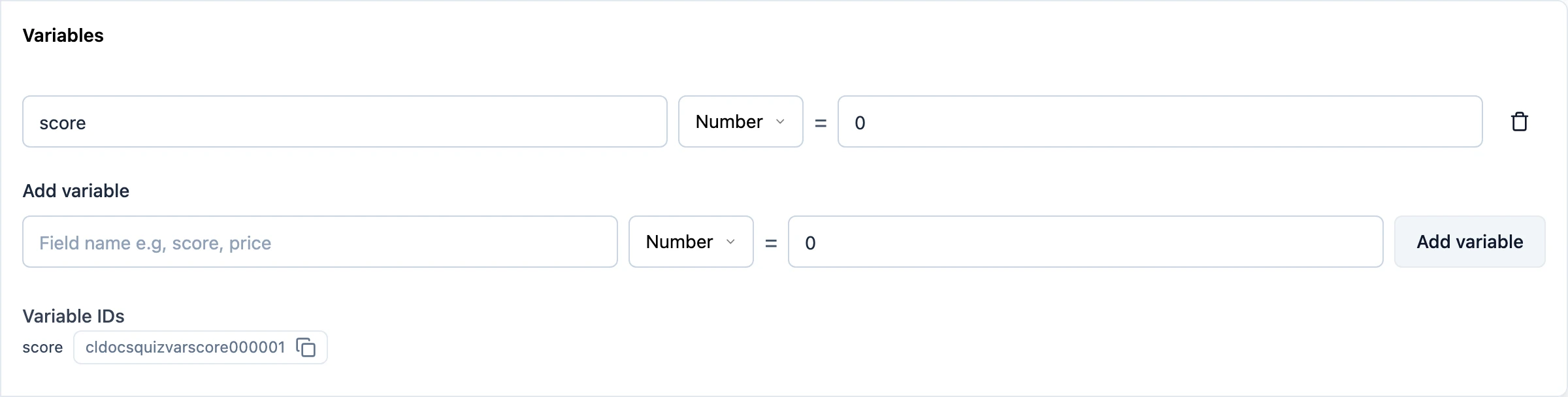The Variables section with a score variable