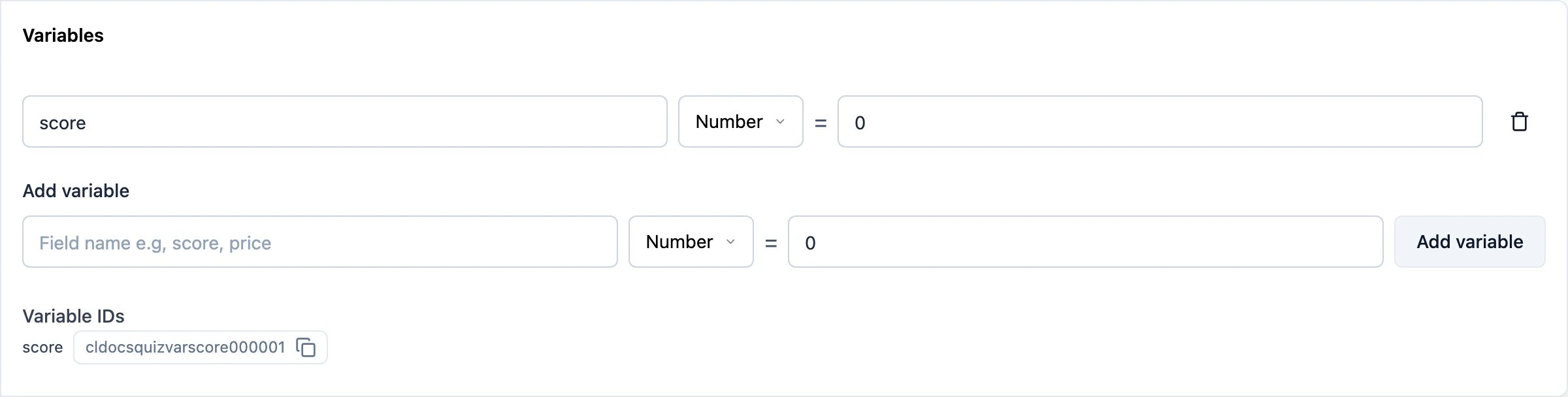 The Variables section with a score variable