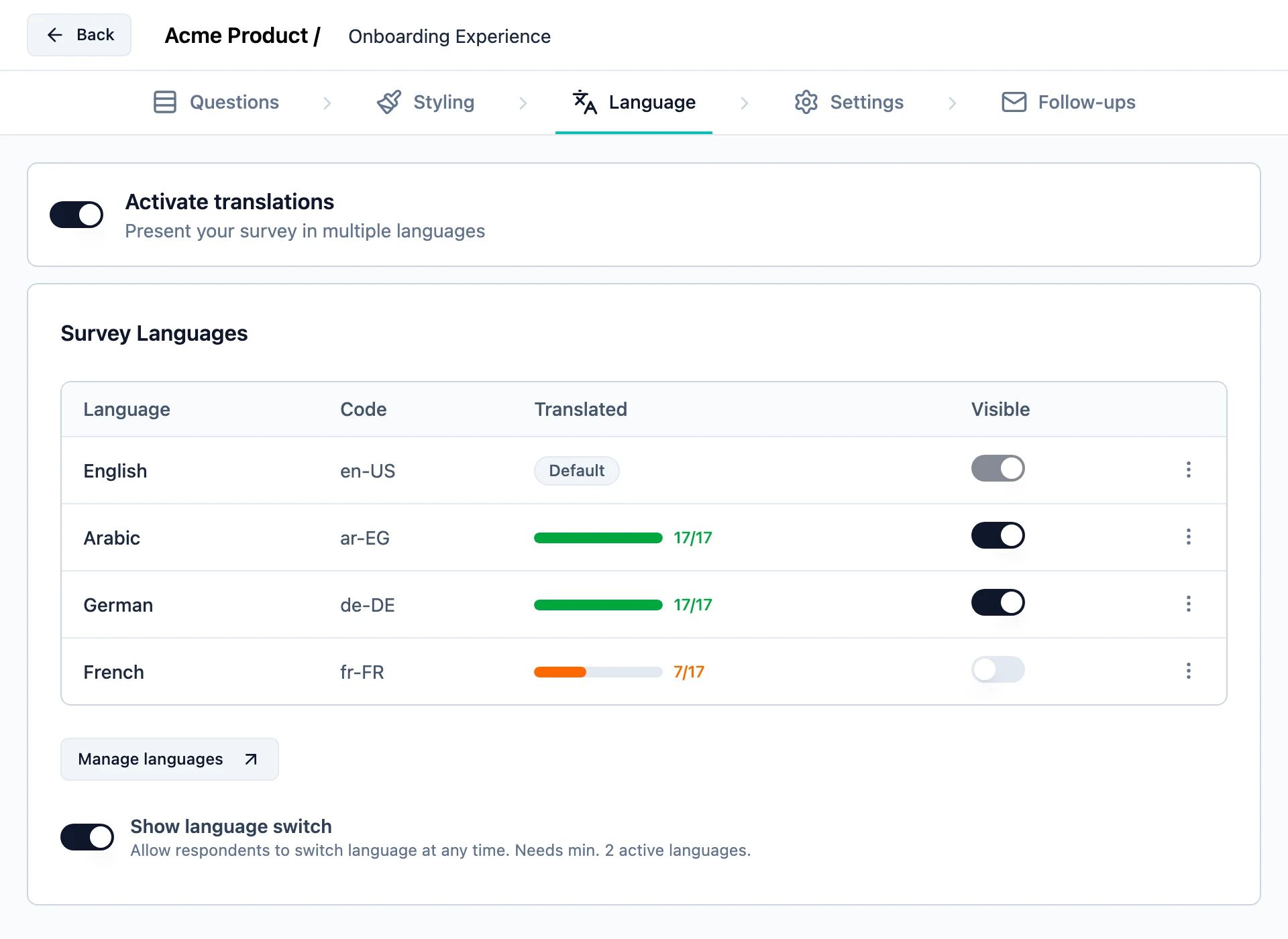 The Language tab of the survey editor
