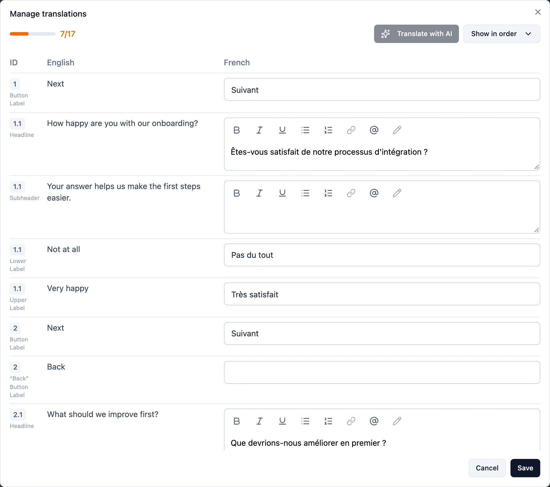 The Manage translations modal with the Translate with AI button