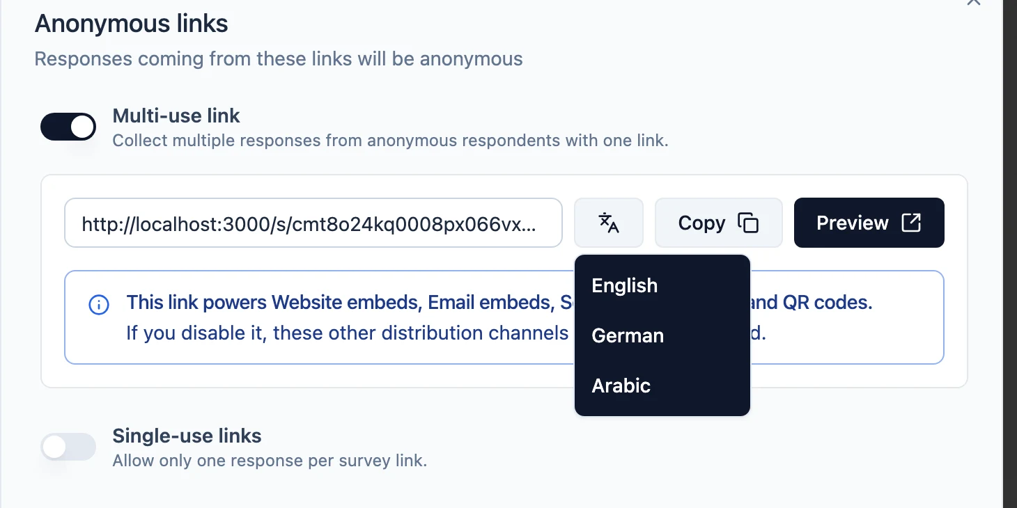 Choosing a language for the survey link in the share modal