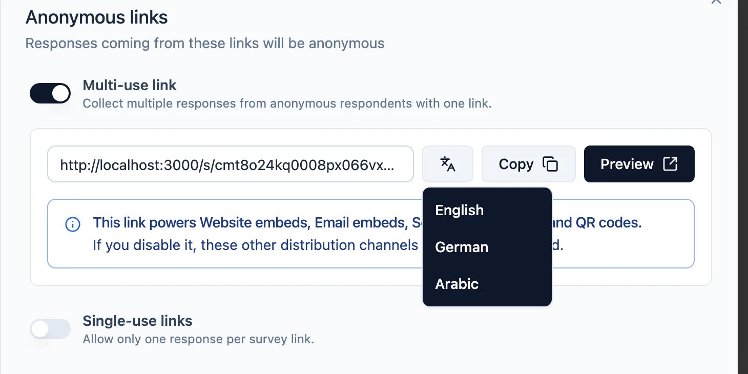 Choosing a language for the survey link in the share modal
