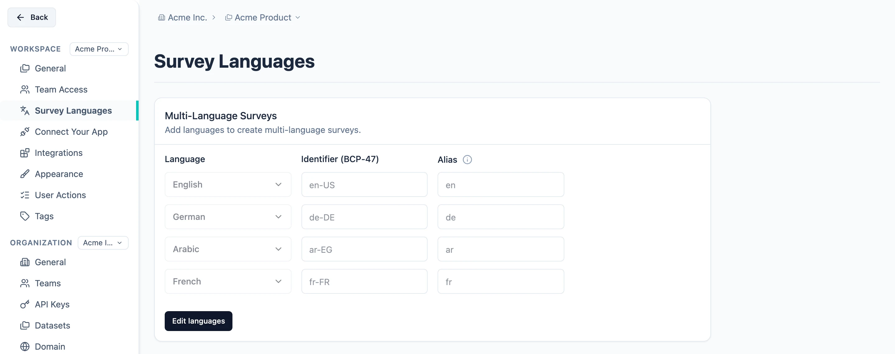 Survey Languages settings in the workspace