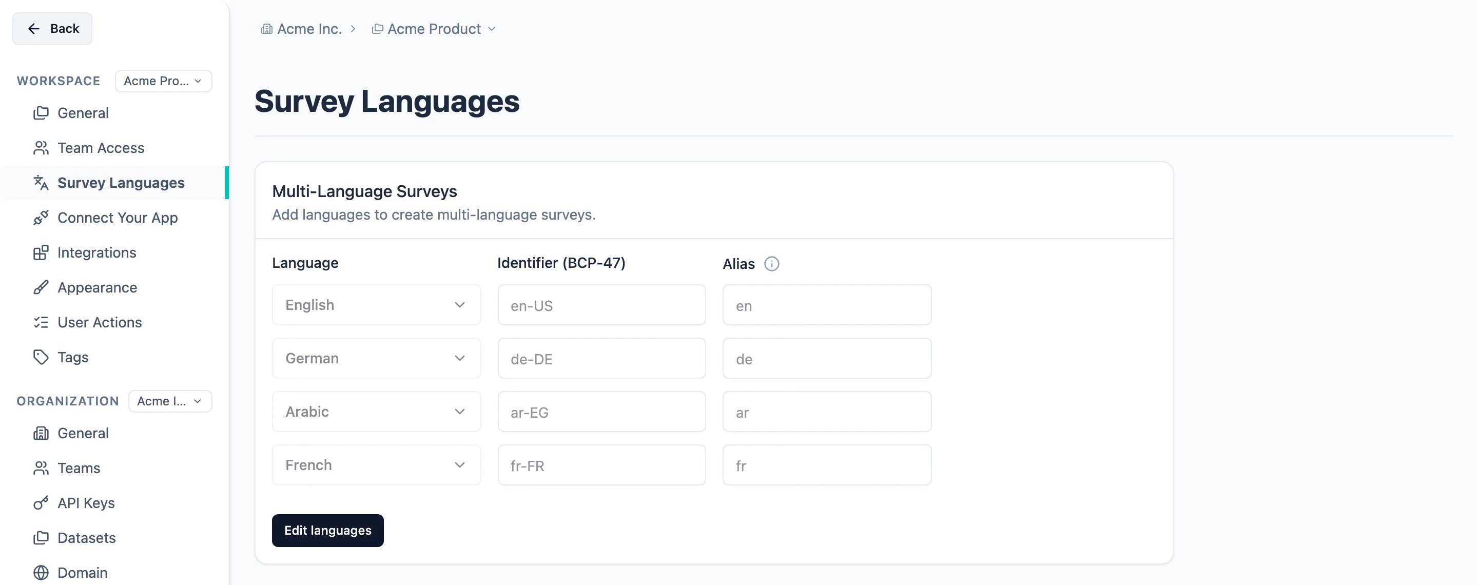 Survey Languages settings in the workspace