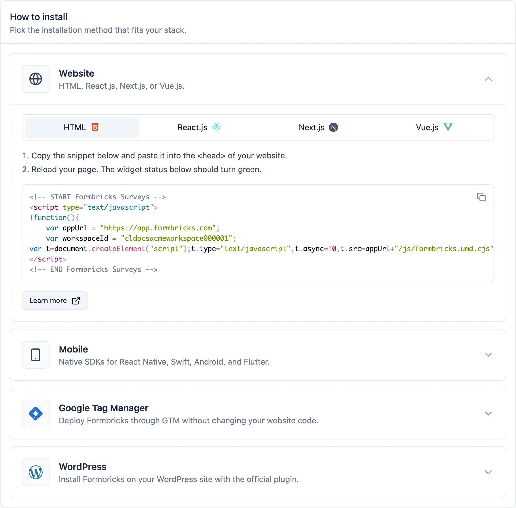The How to install card with the Website method expanded, showing the HTML, React.js, Next.js and Vue.js tabs and the pre-filled HTML snippet