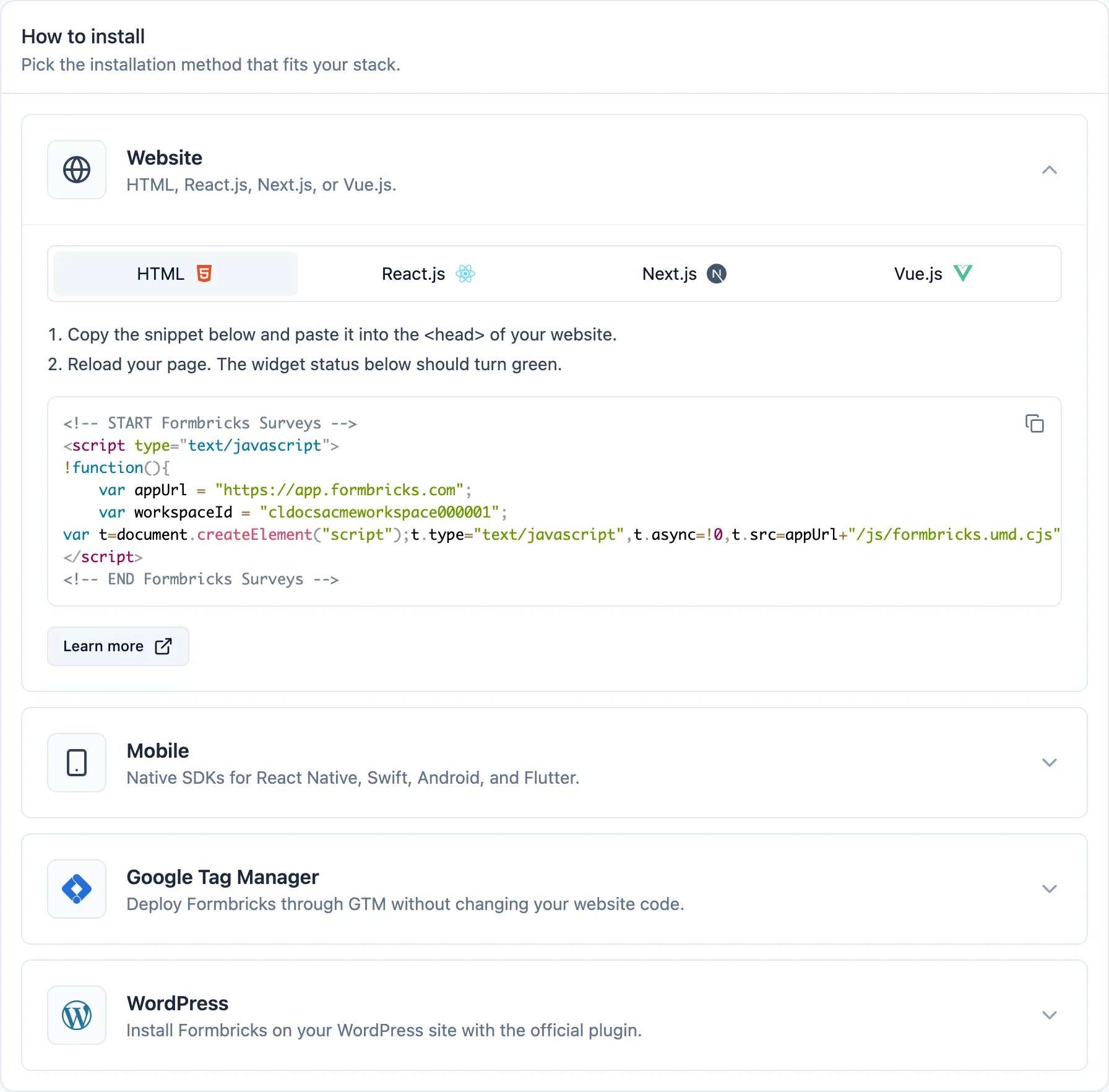The How to install card with the Website method expanded, showing the HTML, React.js, Next.js and Vue.js tabs and the pre-filled HTML snippet