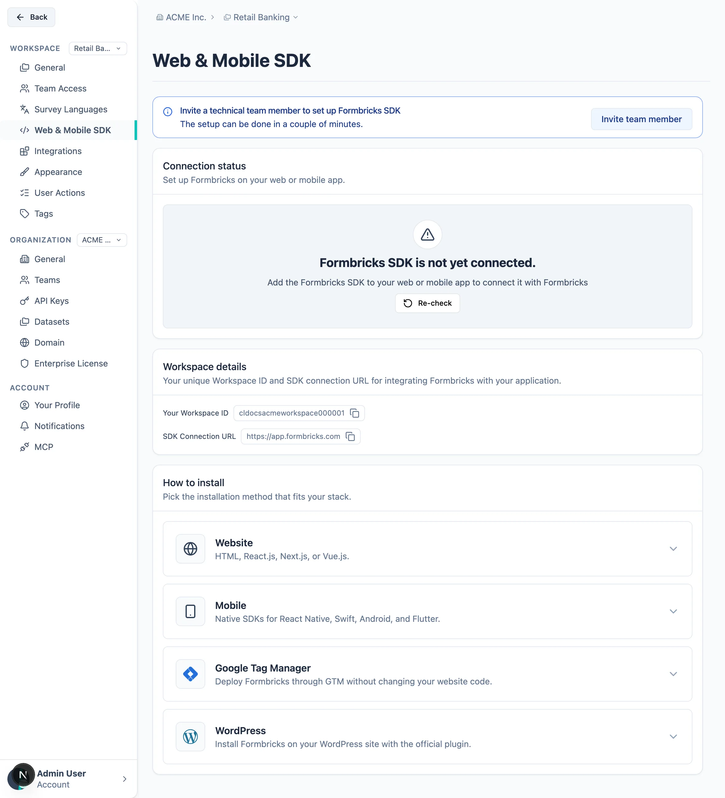 The Web & Mobile SDK settings page with a grey Connection status card reading "Formbricks SDK is not yet connected", the Workspace details card and the How to install card