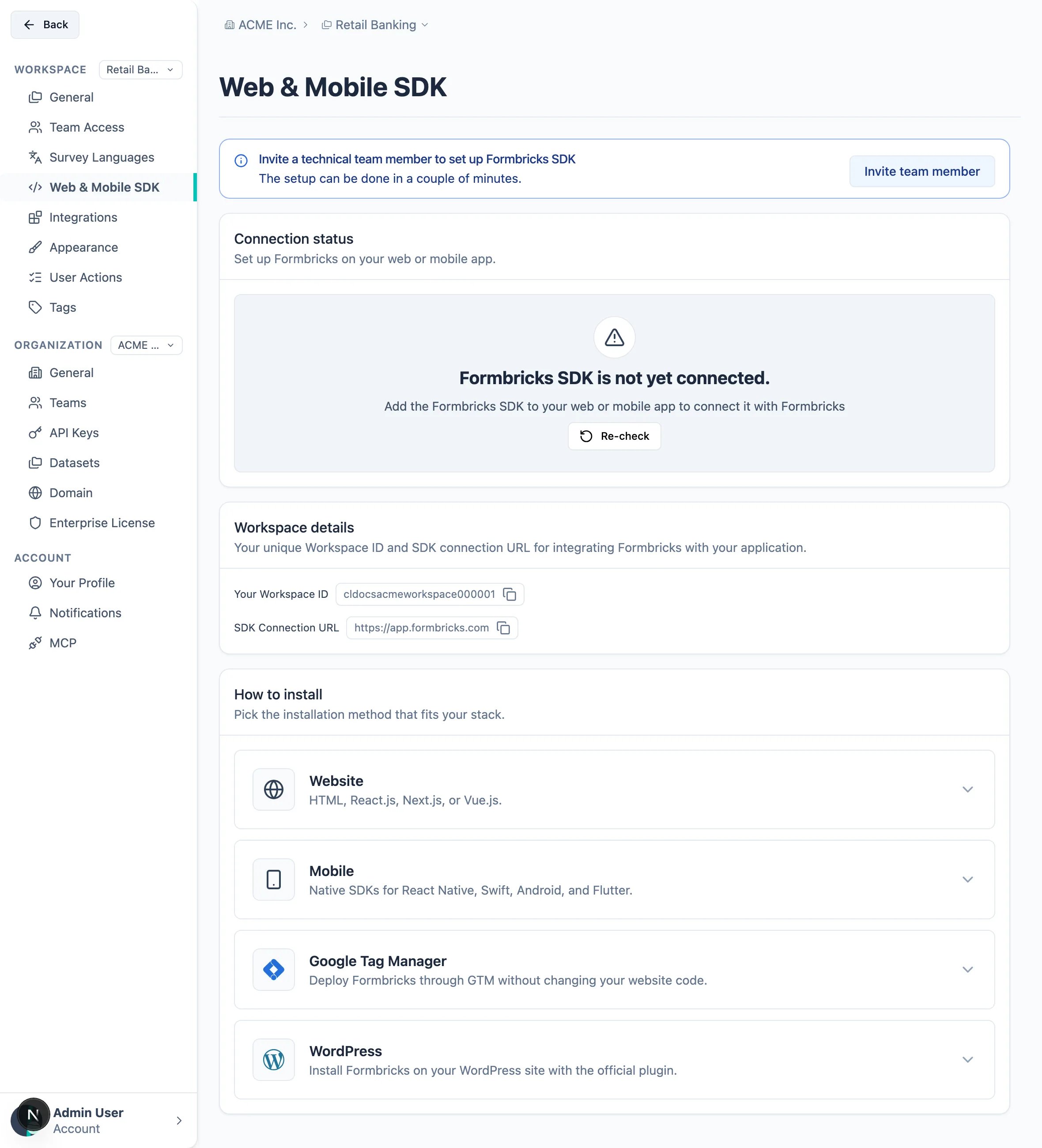 The Web & Mobile SDK settings page with a grey Connection status card reading "Formbricks SDK is not yet connected", the Workspace details card and the How to install card