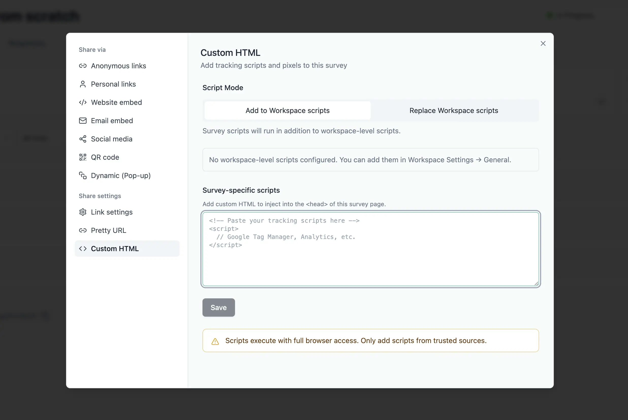 Custom HTML tab in Share Survey Modal