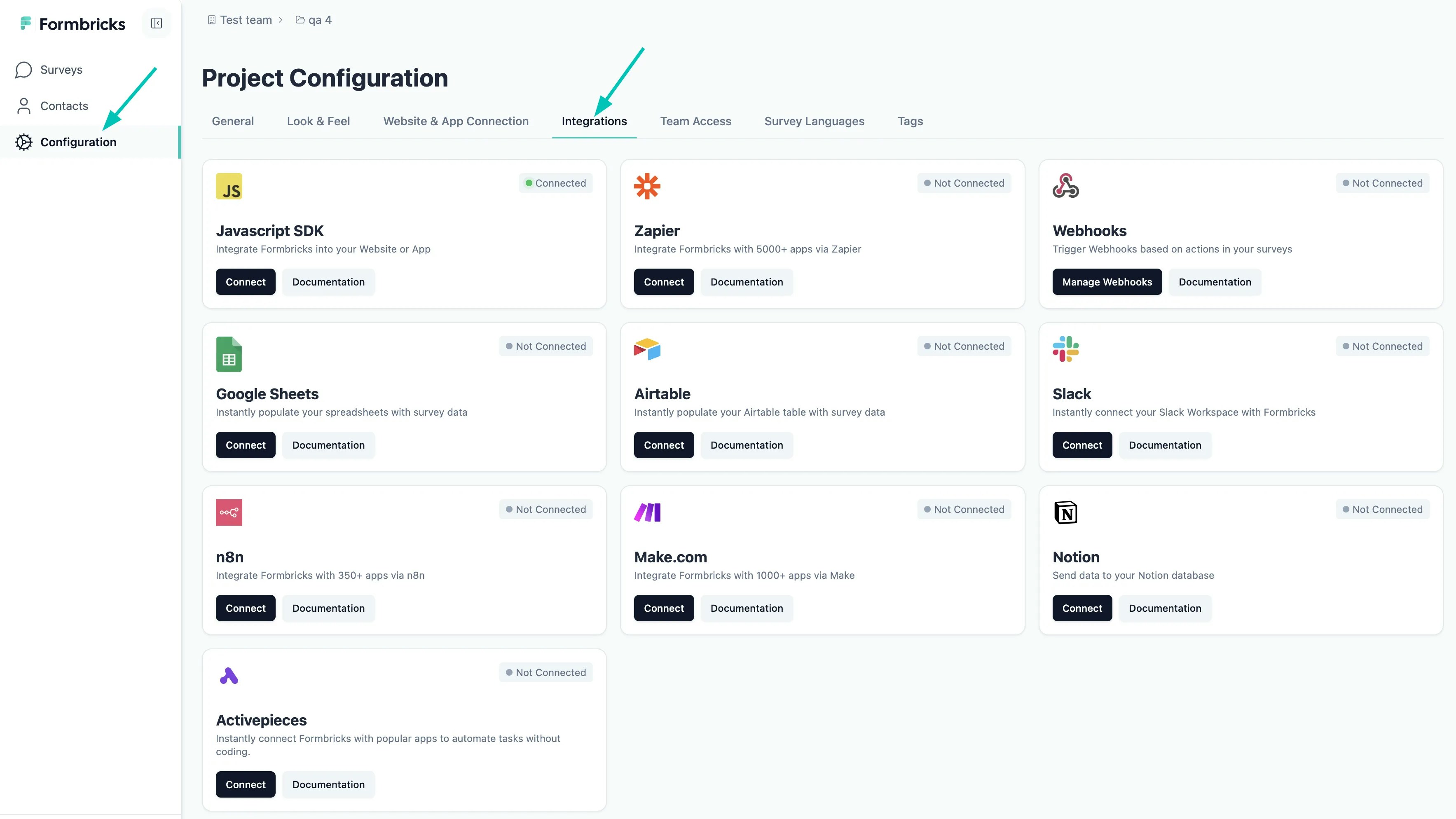 Formbricks Integrations Tab