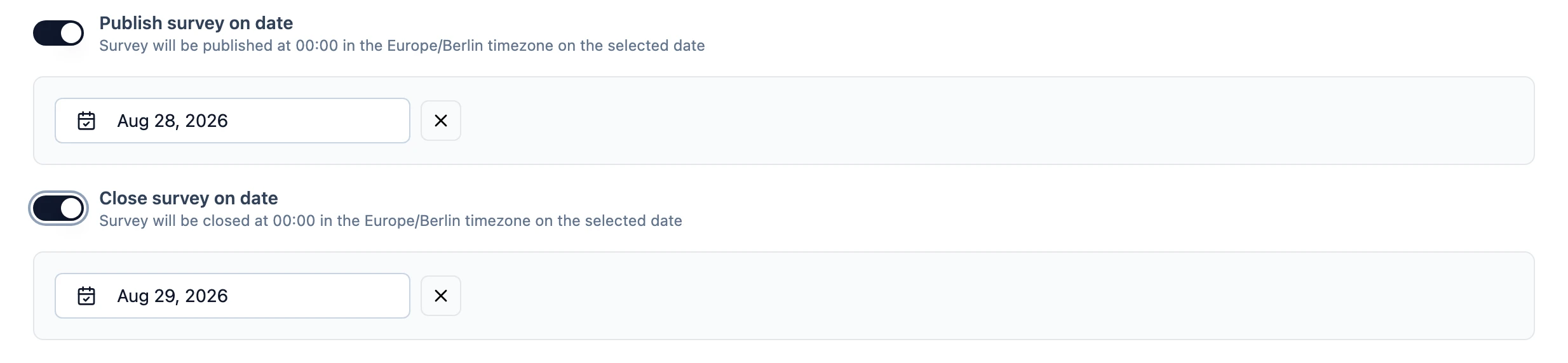 The publish and close date settings in the survey editor