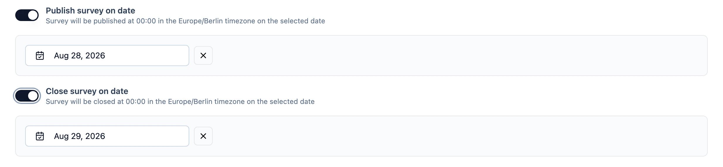 The publish and close date settings in the survey editor