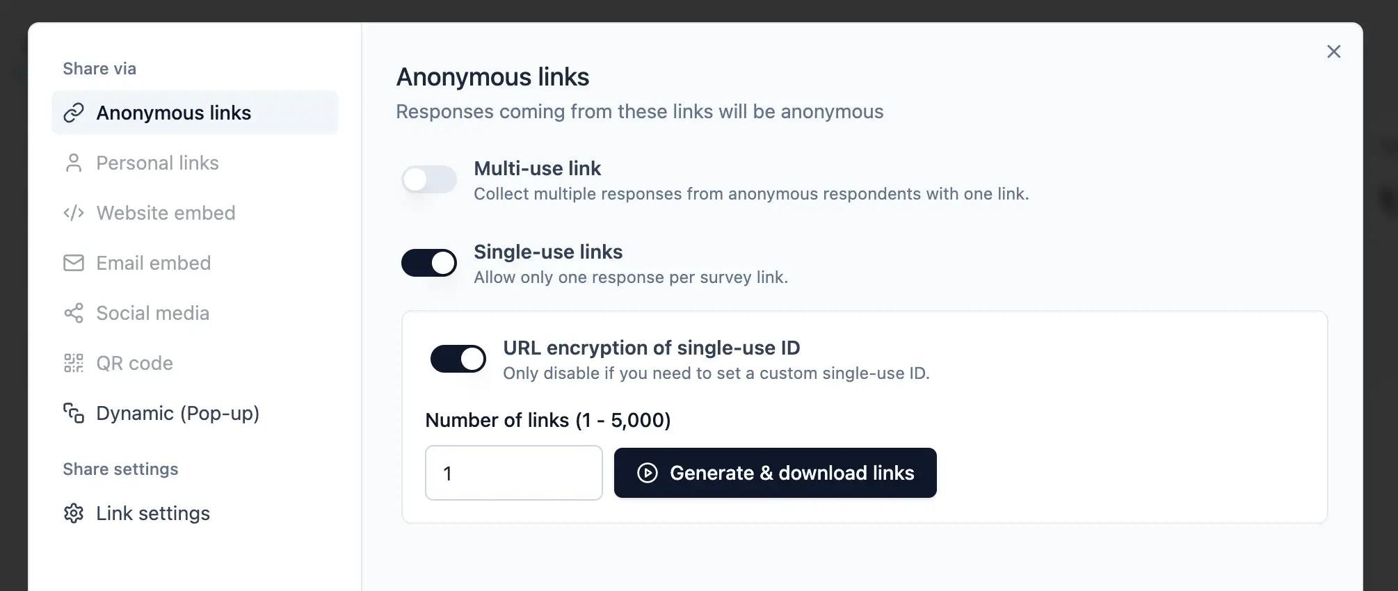 Single use link survey settings