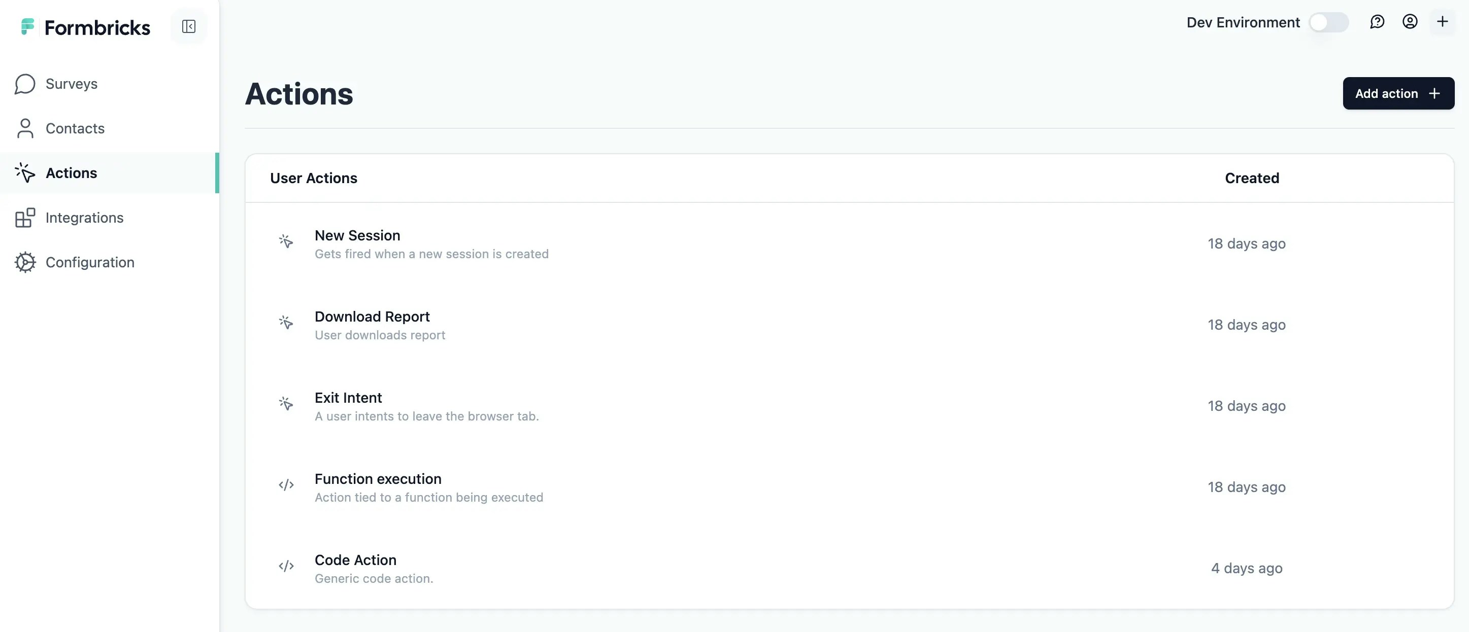 Action overview on Formbricks Open Source Survey Solution