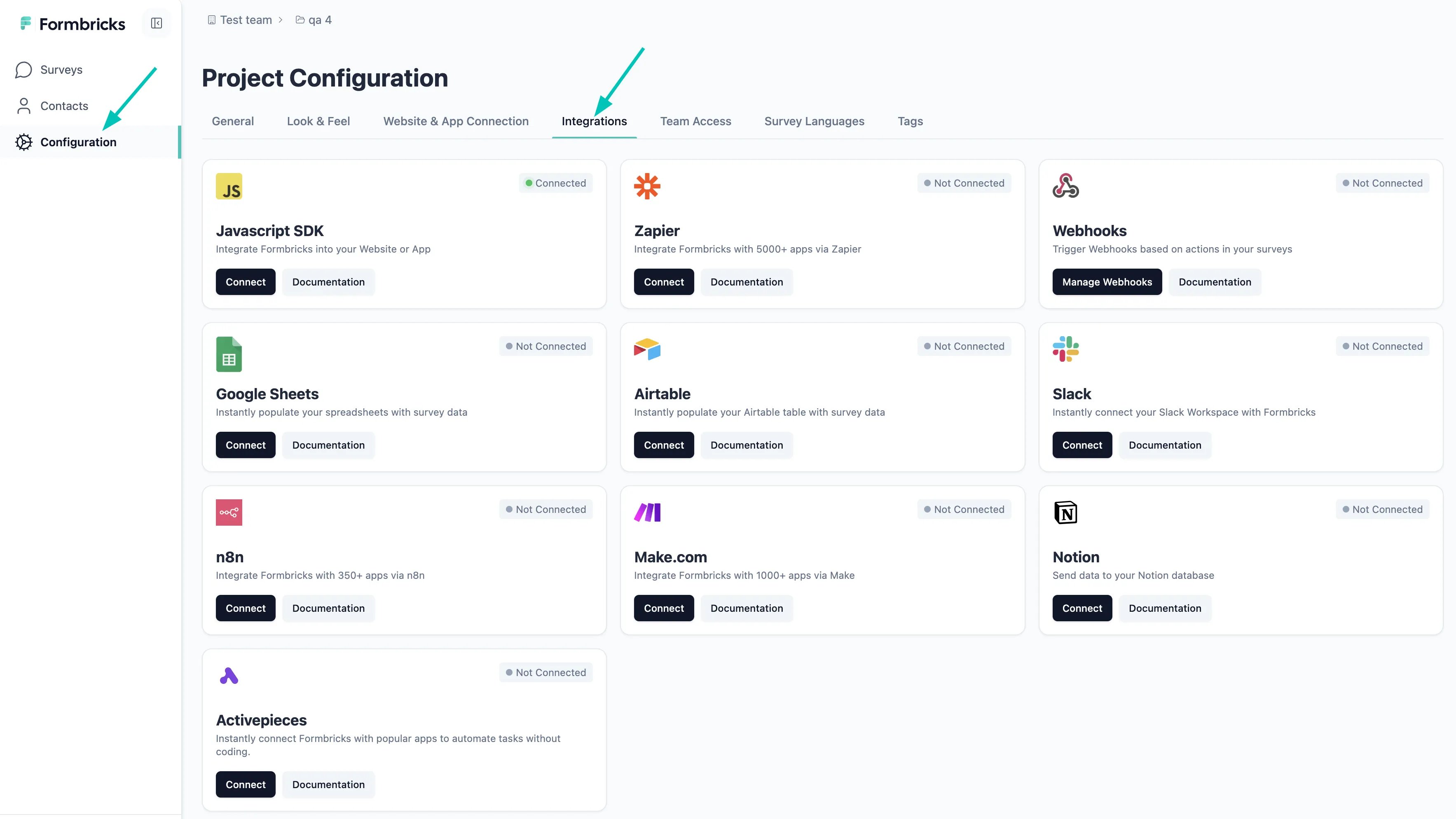 Formbricks Integrations Tab