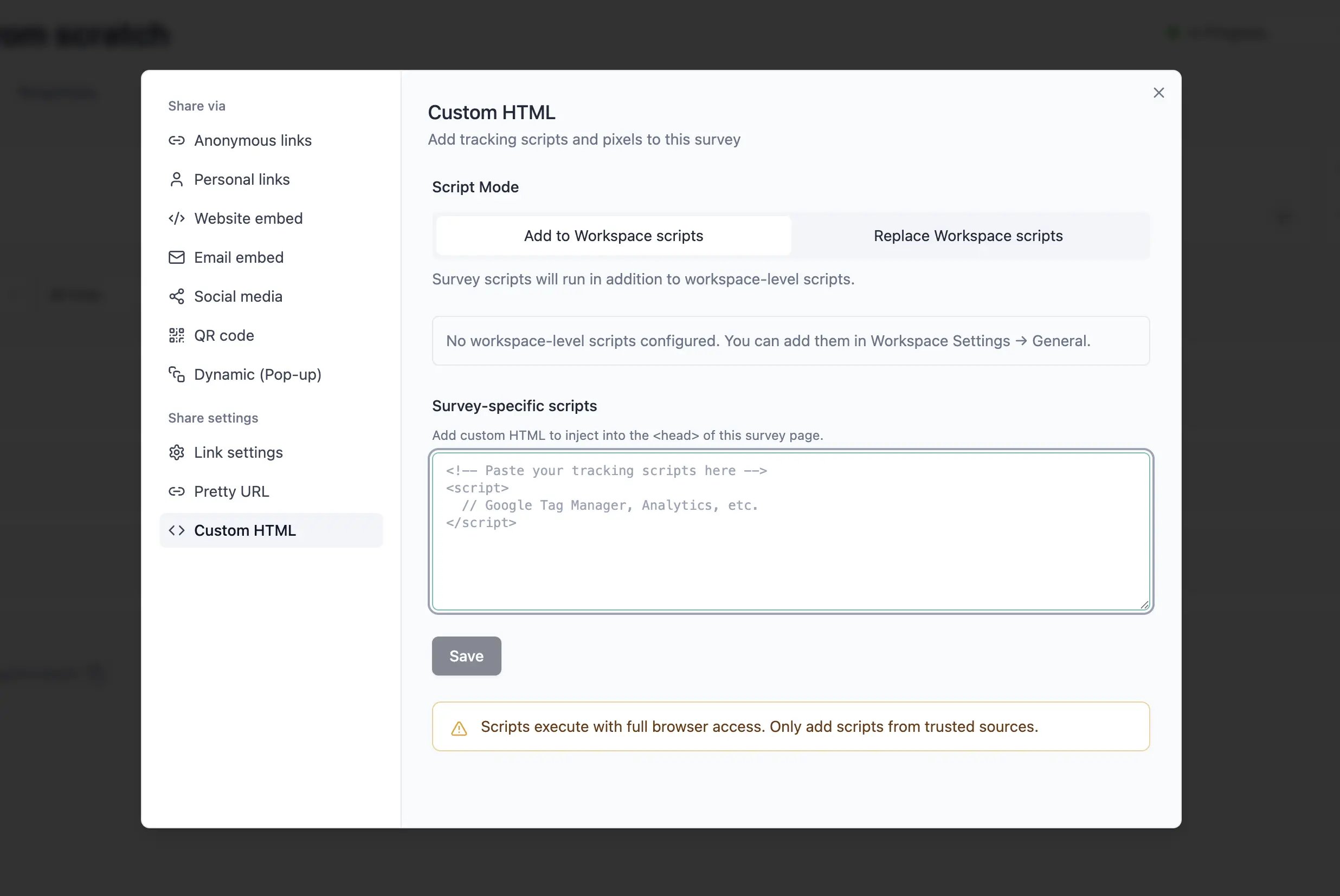 Custom HTML tab in Share Survey Modal