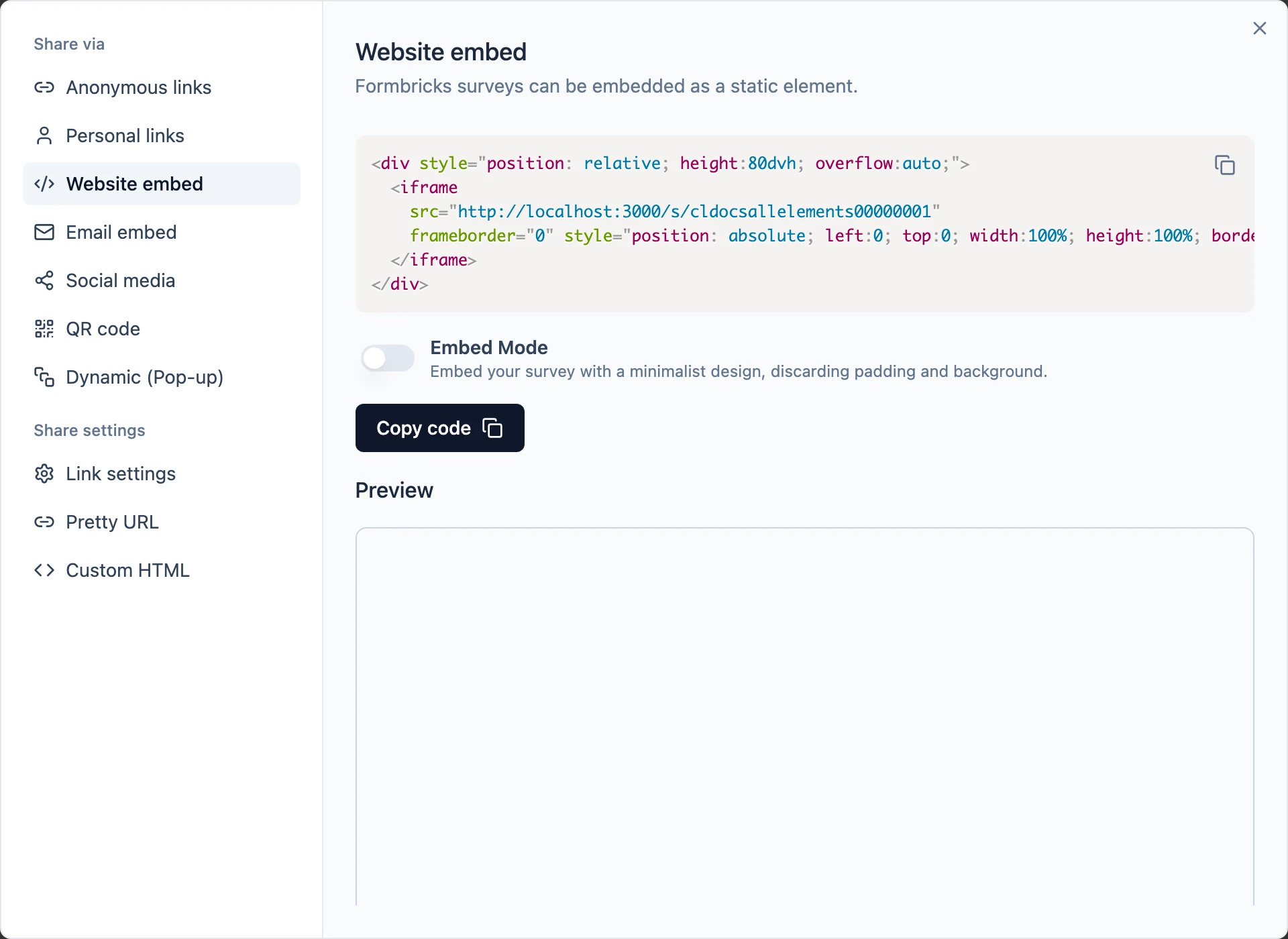 The Website embed panel of the Share dialog