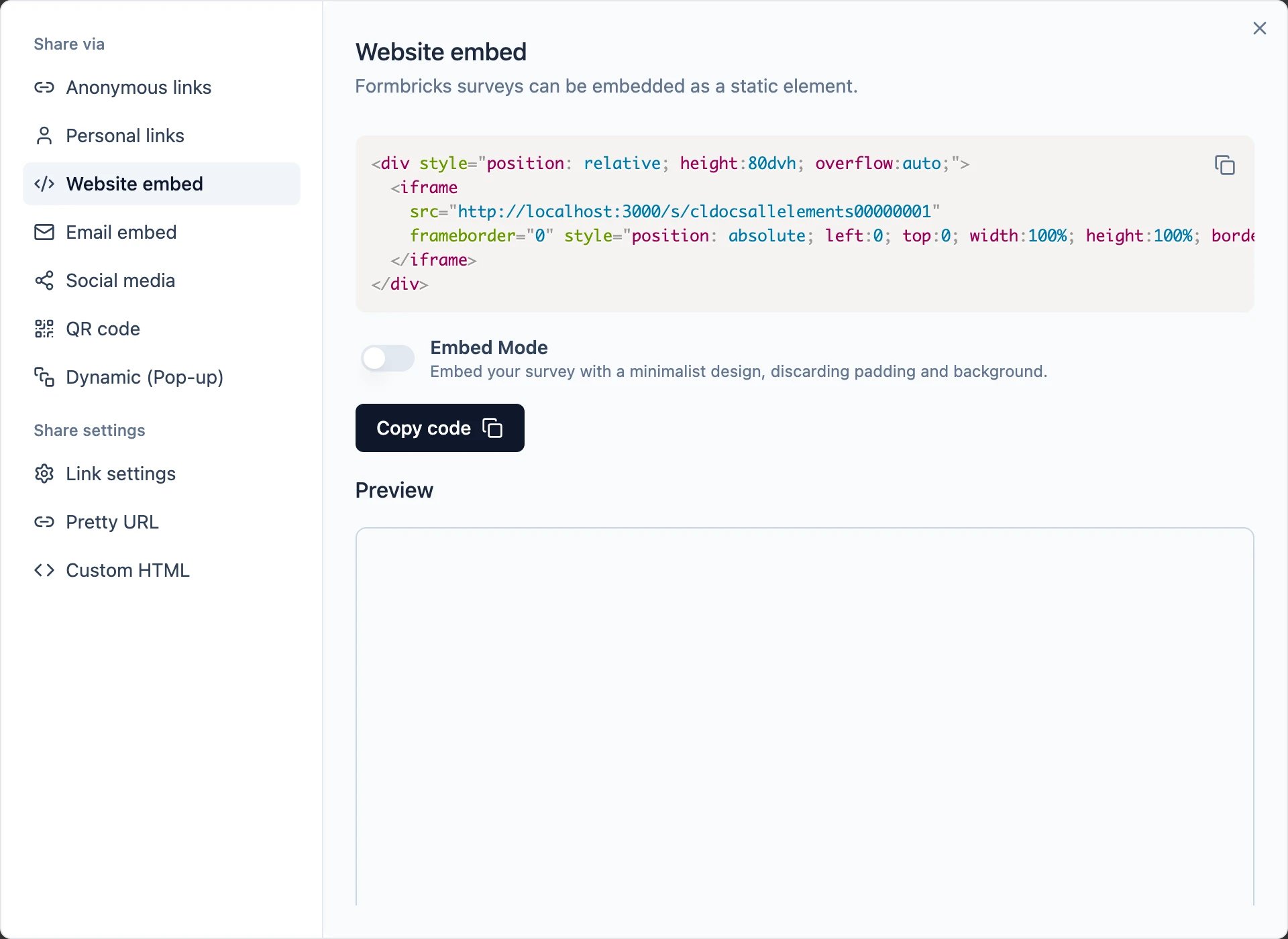 The Website embed panel of the Share dialog