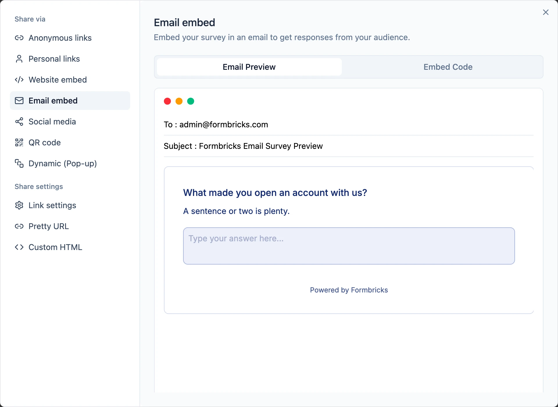 The Email embed panel of the Share dialog