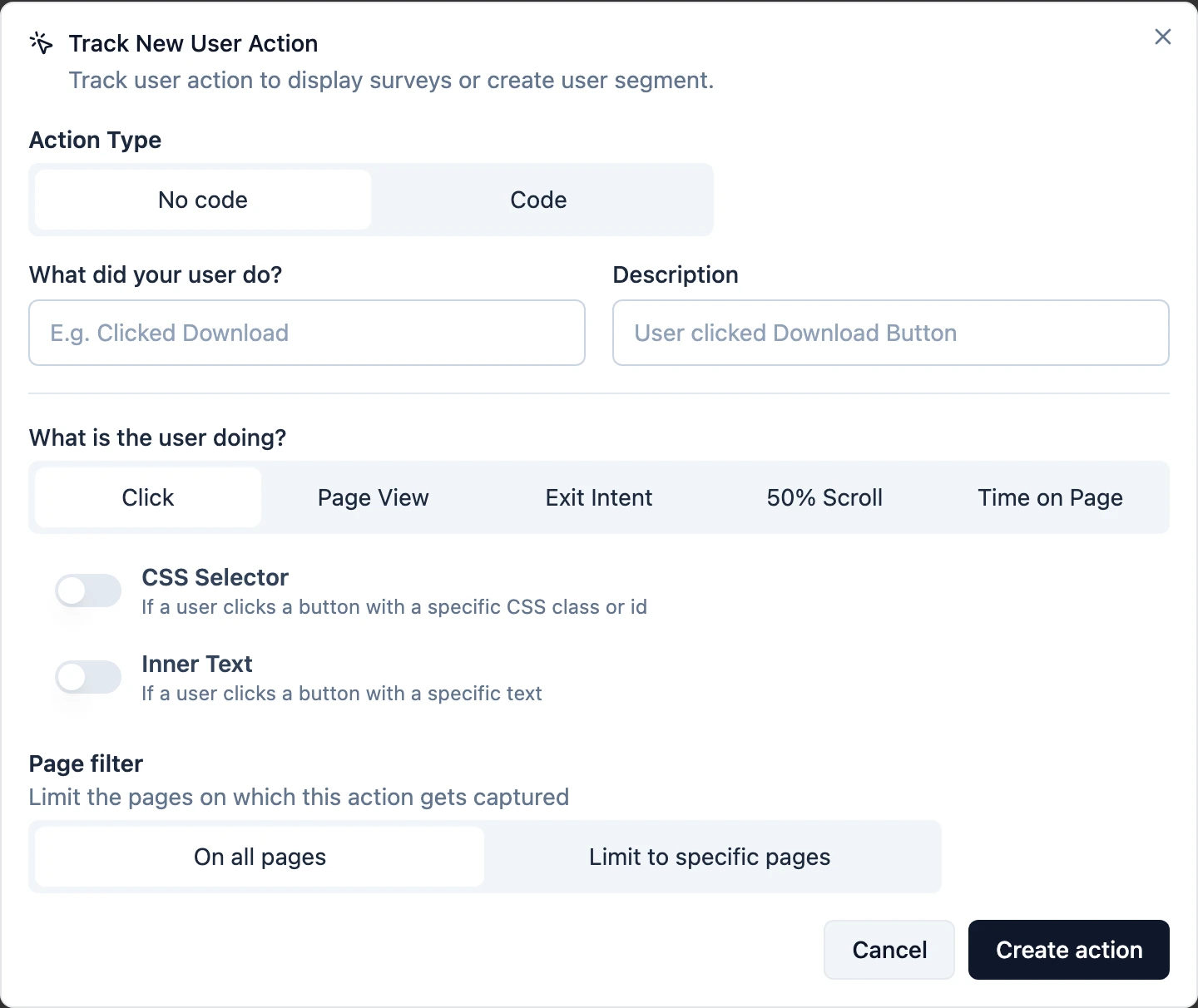 The Track New User Action dialog
