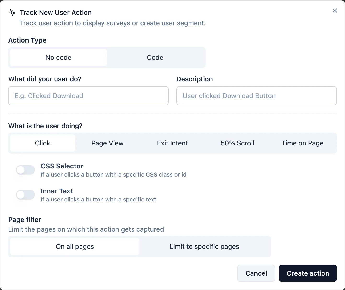 The Track New User Action dialog