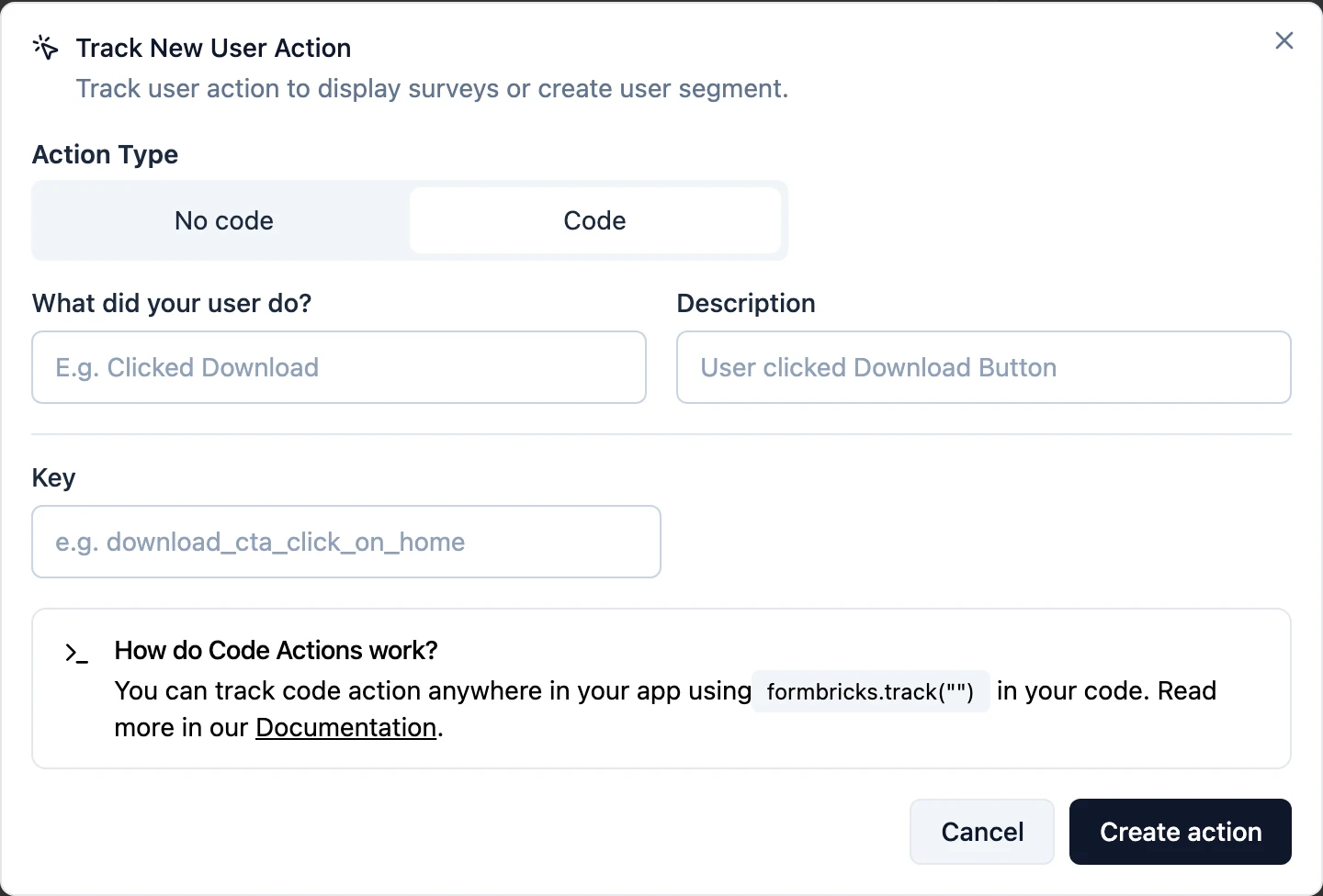 The Track New User Action dialog on its Code tab