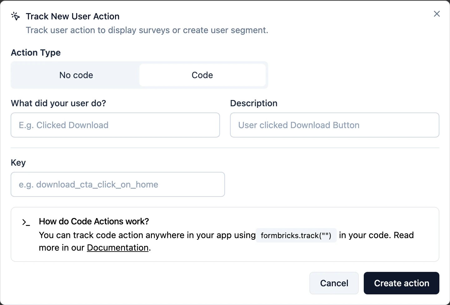 The Track New User Action dialog on its Code tab