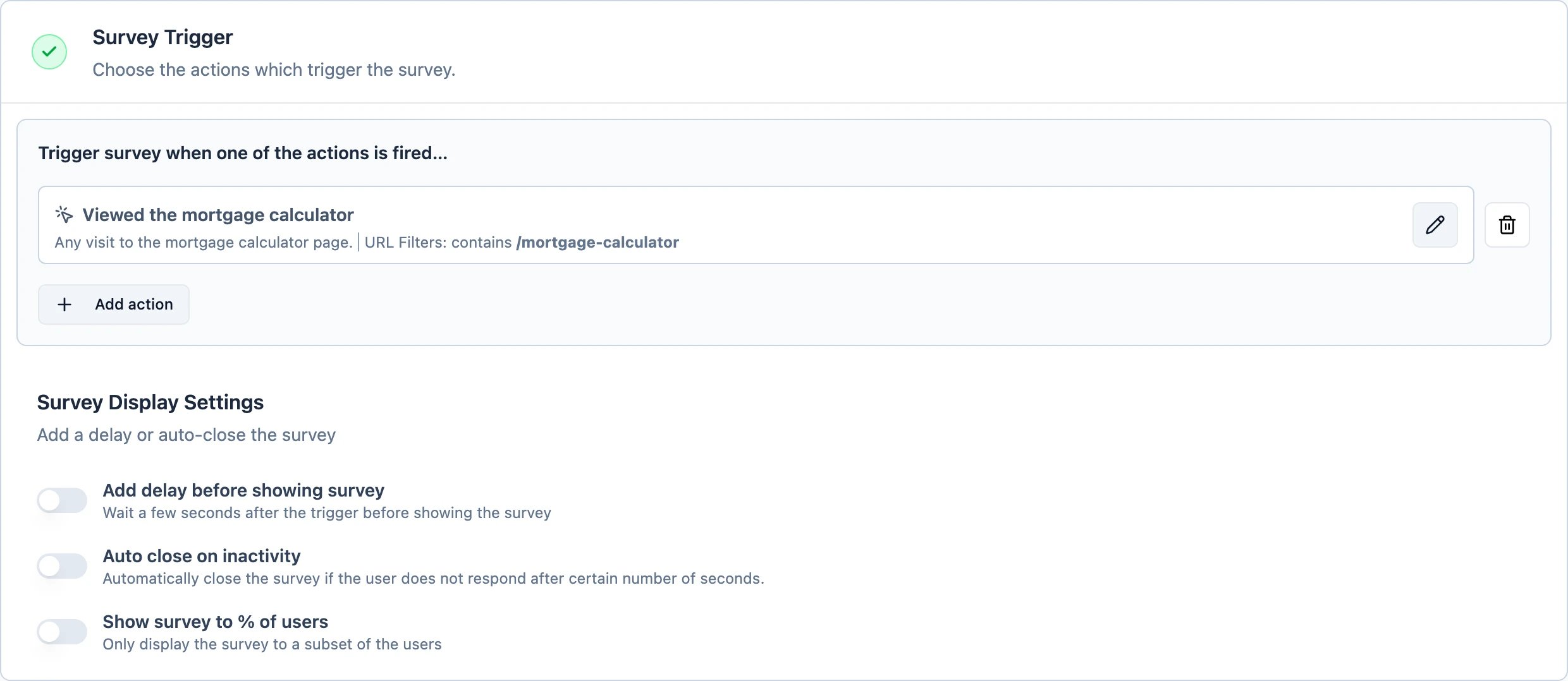 The Survey Trigger section with one action attached