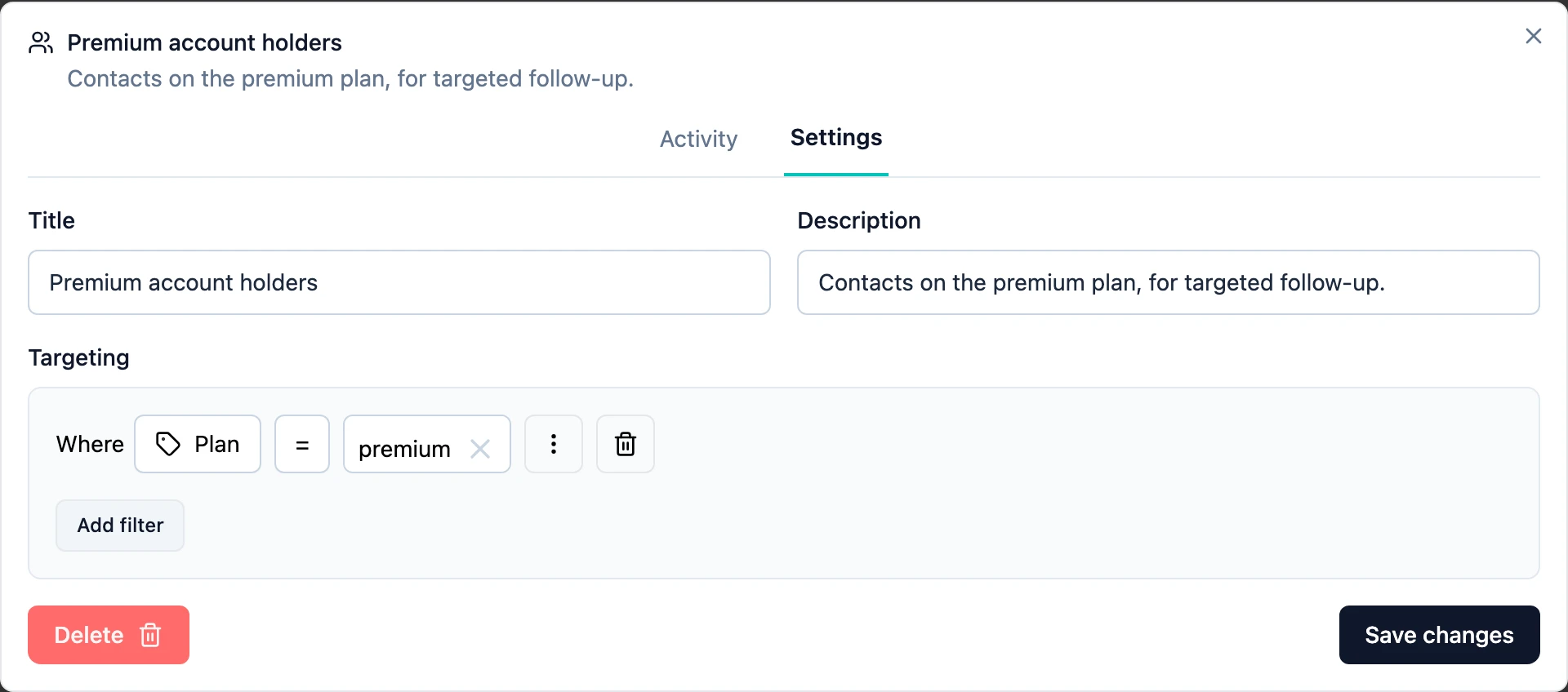 A segment's Settings tab