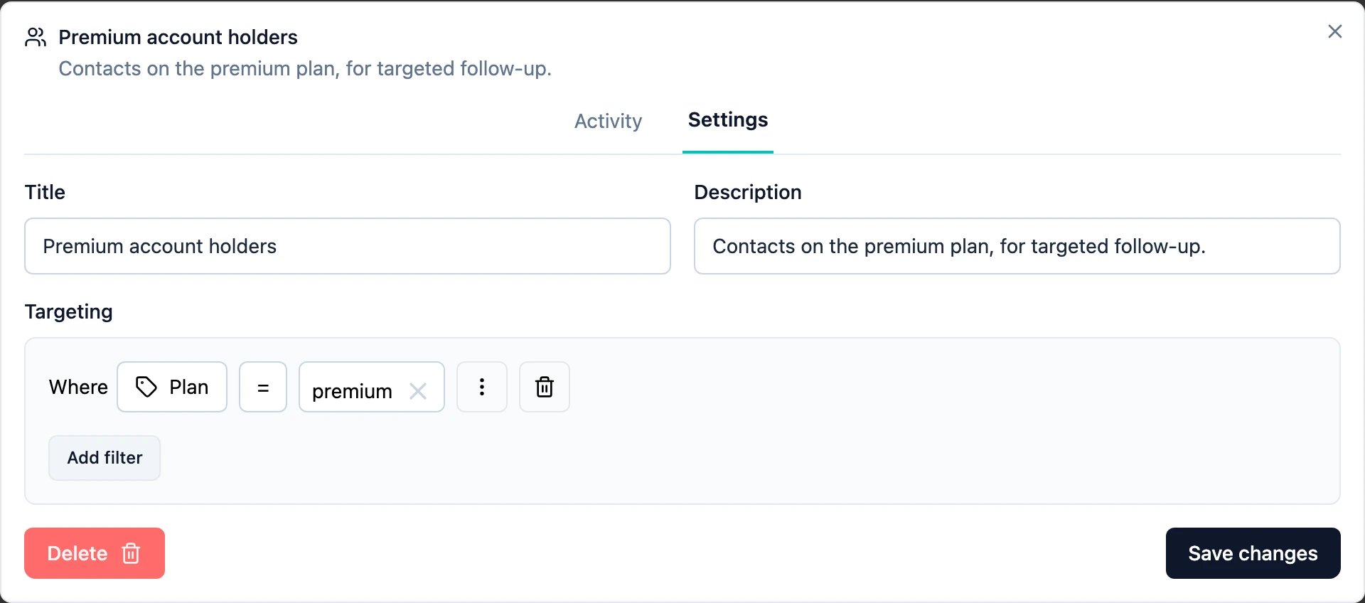 A segment's Settings tab