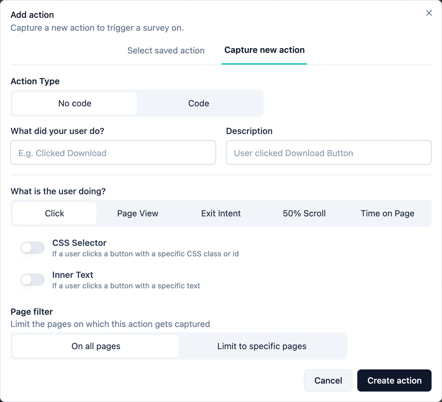 The Add action dialog, on its Capture new action tab