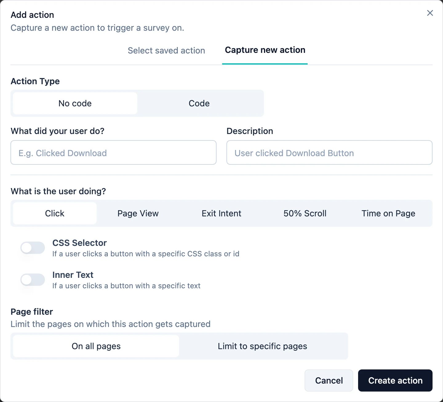 The Add action dialog, on its Capture new action tab