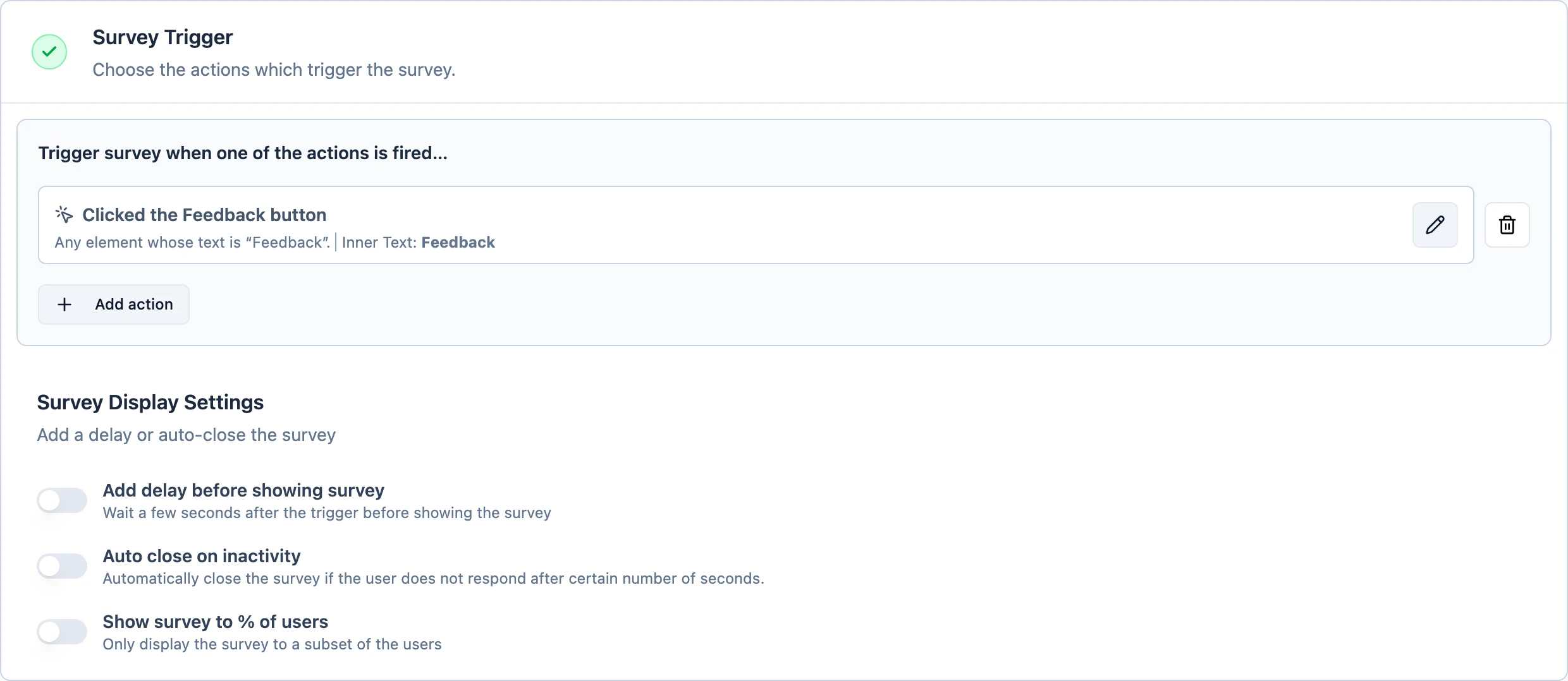 The Survey Trigger section with the Feedback action attached