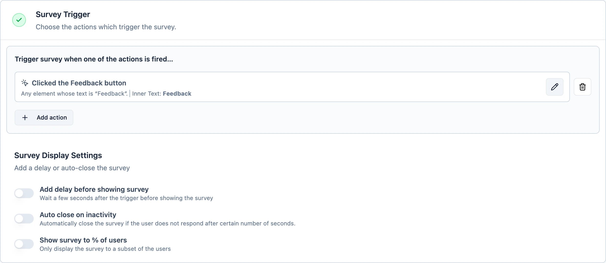 The Survey Trigger section with the Feedback action attached