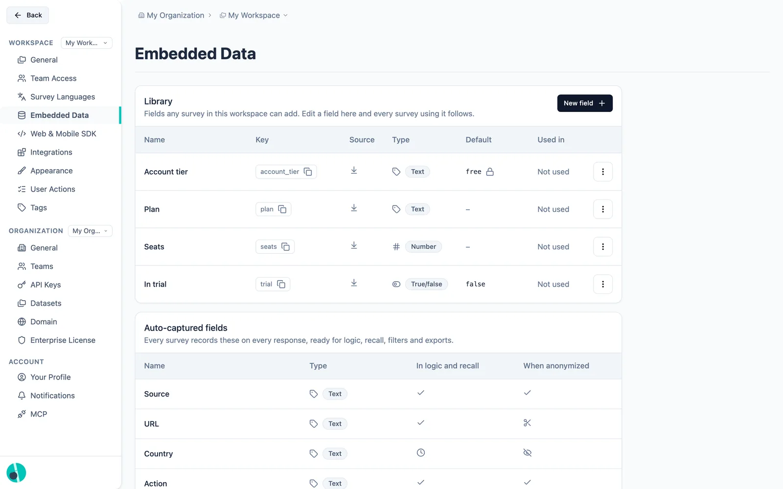 The workspace Embedded Data page: the Library card above the auto-captured fields