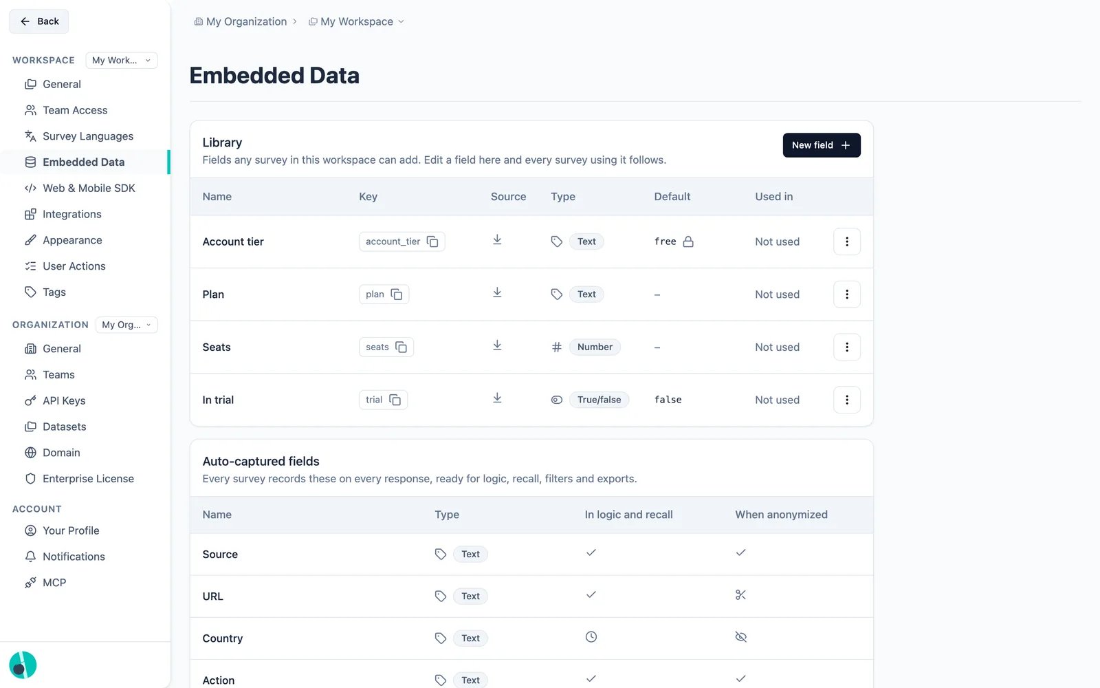 The workspace Embedded Data page: the Library card above the auto-captured fields