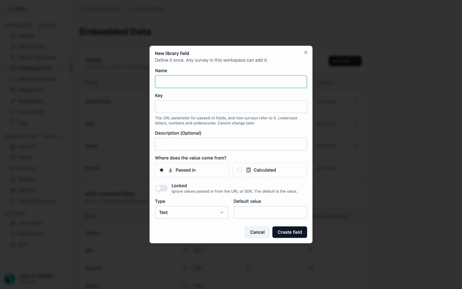 The New library field dialog: name, key, source, lock, type and default