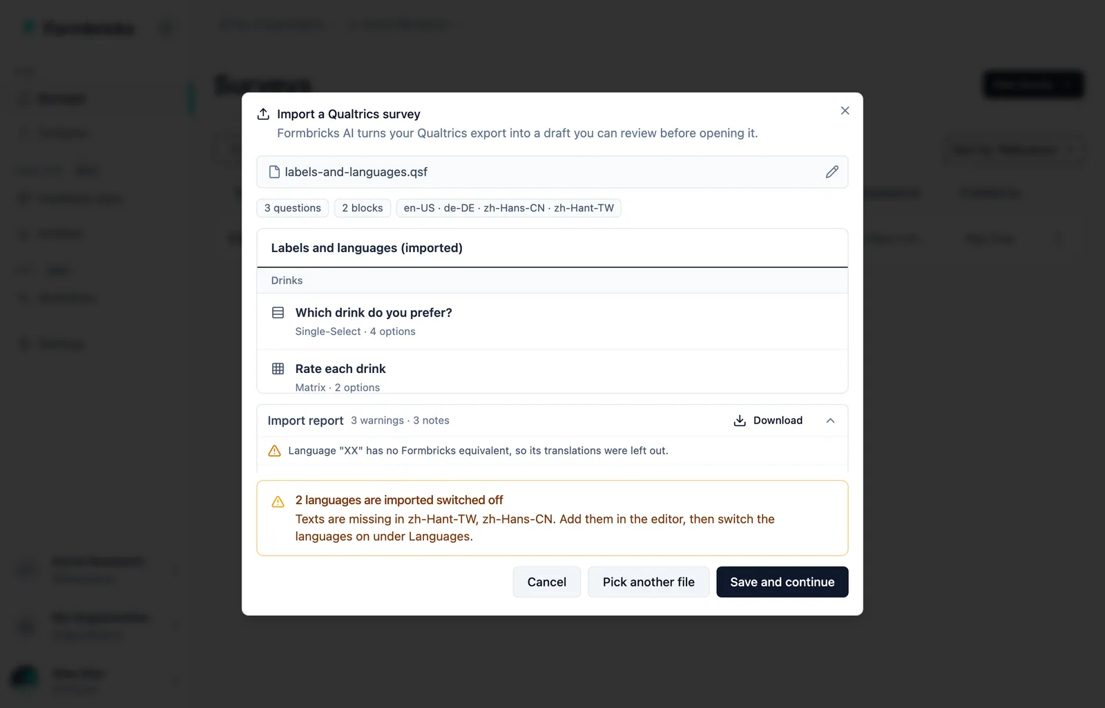 The review warning that two languages are imported switched off