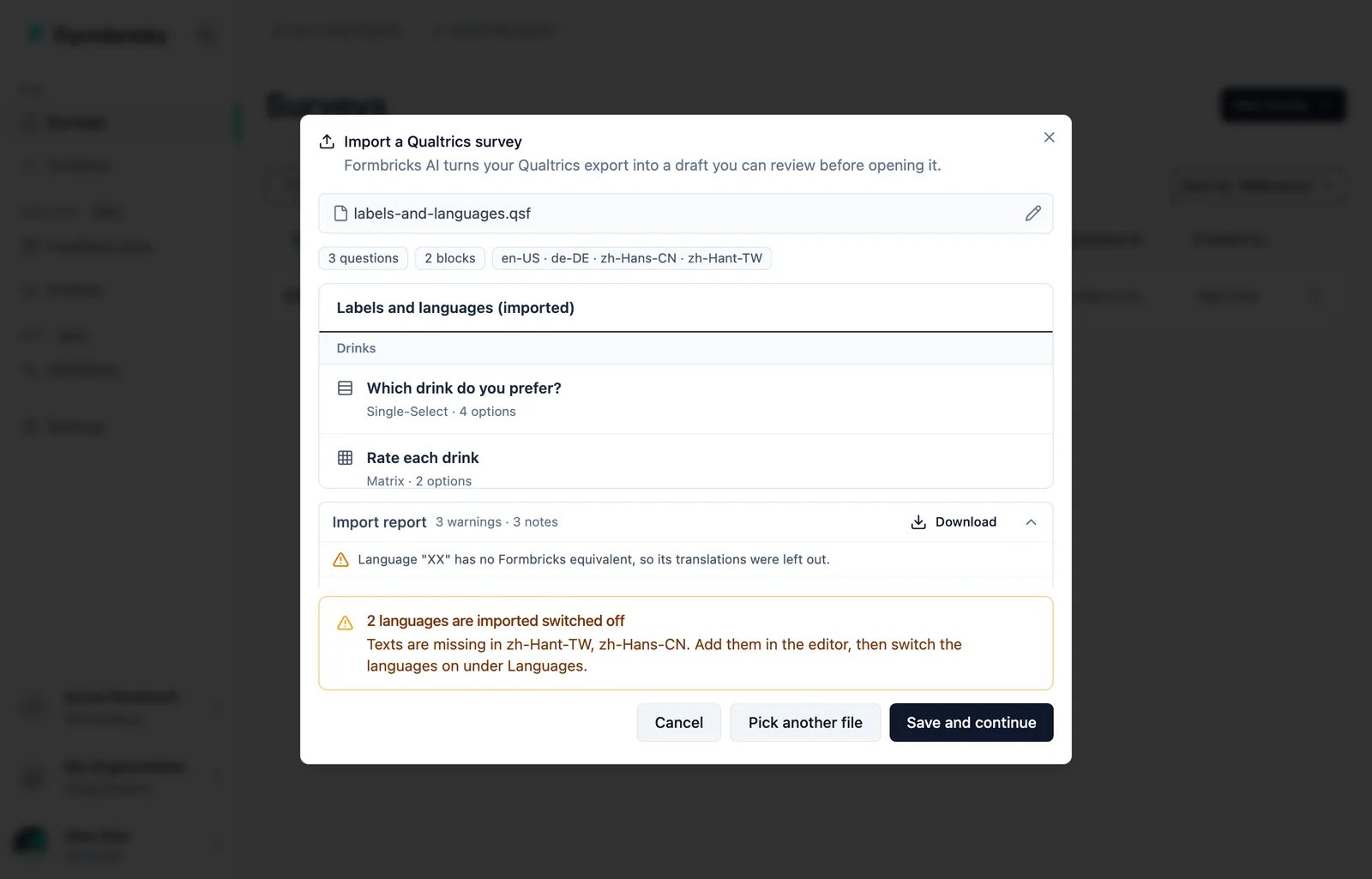 The review warning that two languages are imported switched off