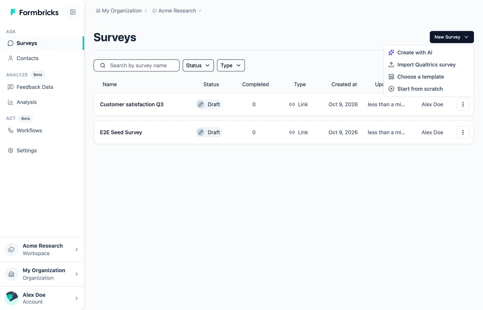 The New Survey menu with the Import Qualtrics survey option