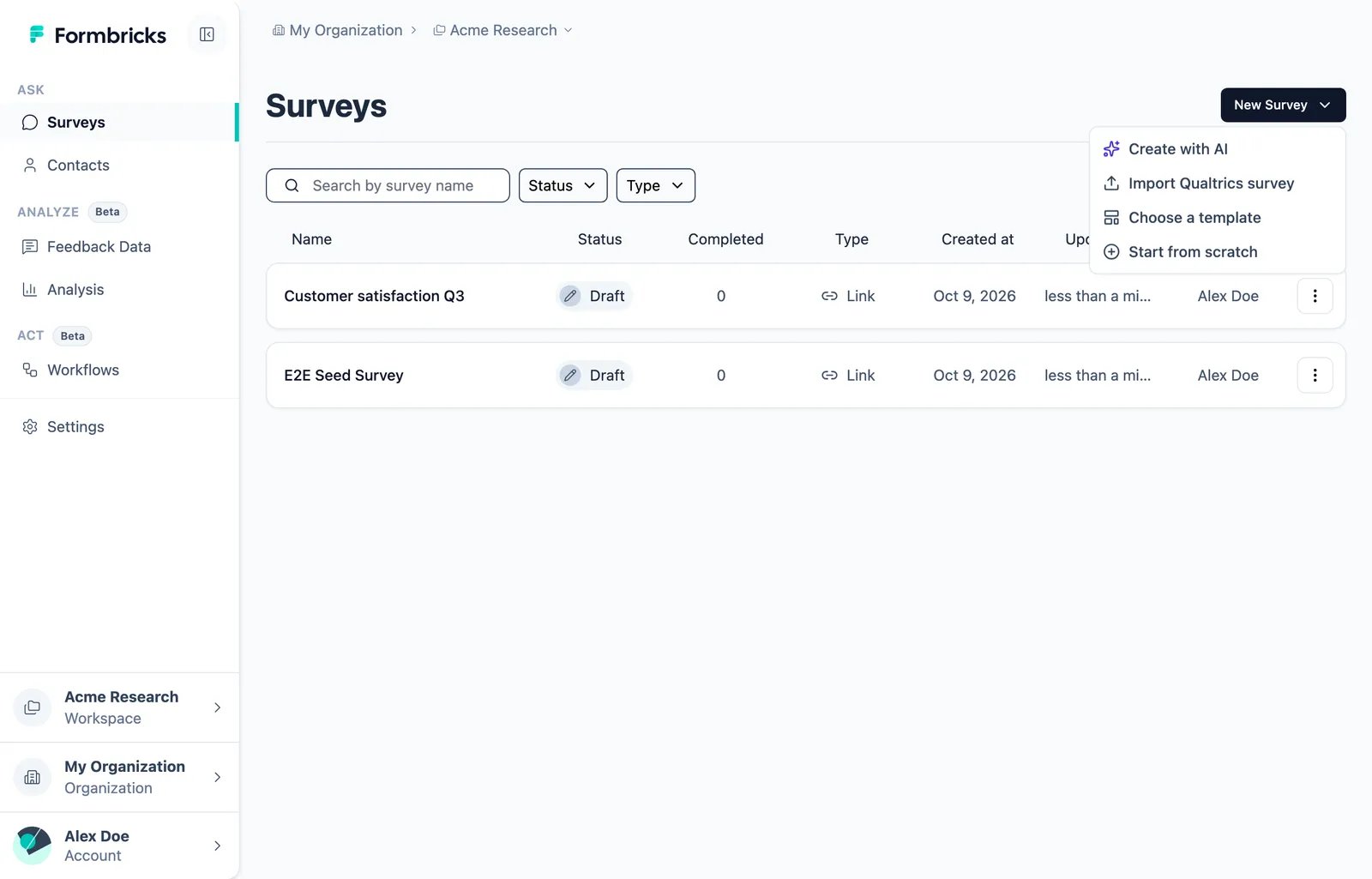 The New Survey menu with the Import Qualtrics survey option