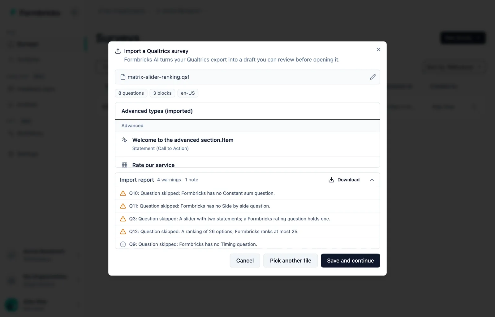 The review of an imported survey: the import report lists the questions it skipped, with a Download button