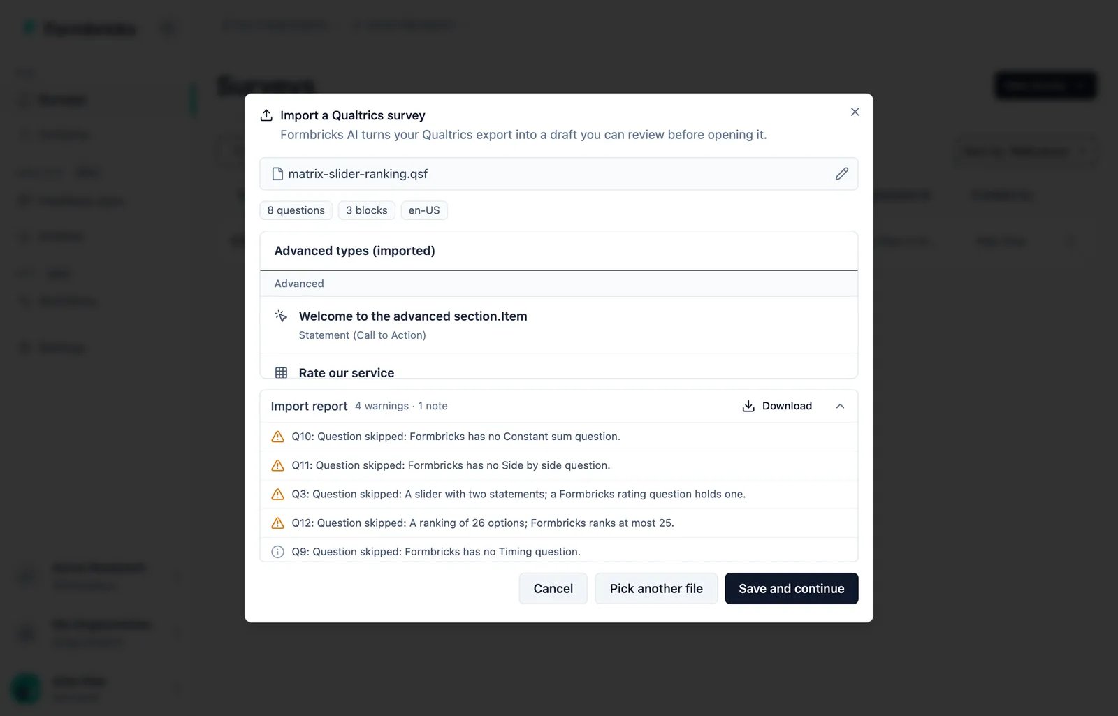 The review of an imported survey: the import report lists the questions it skipped, with a Download button