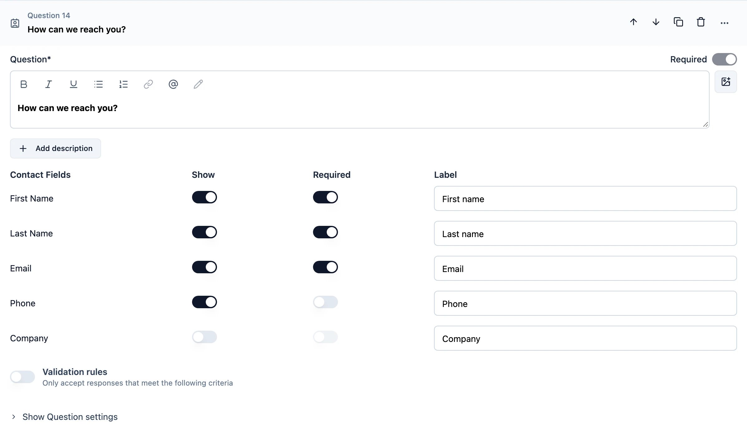 Contact Info question type
