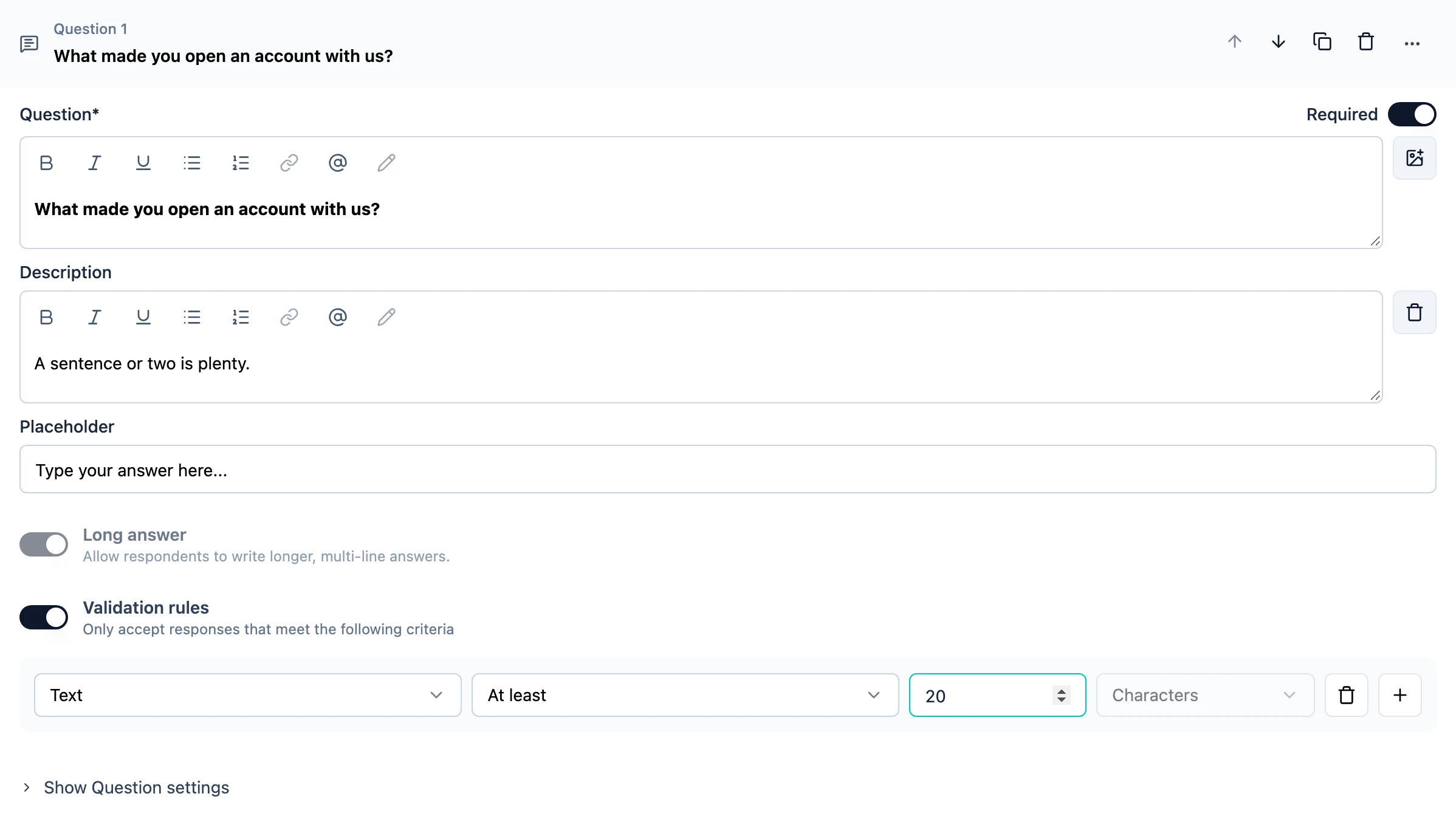 The Validation rules section of a free text question