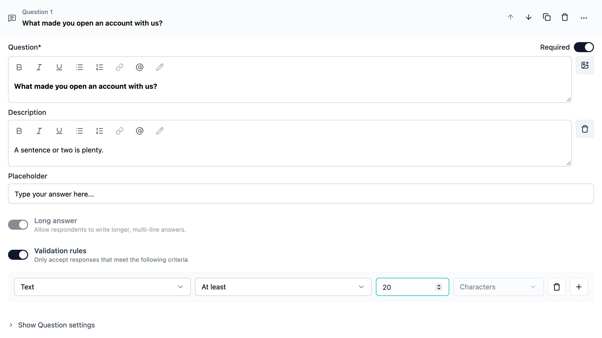 The Validation rules section of a free text question