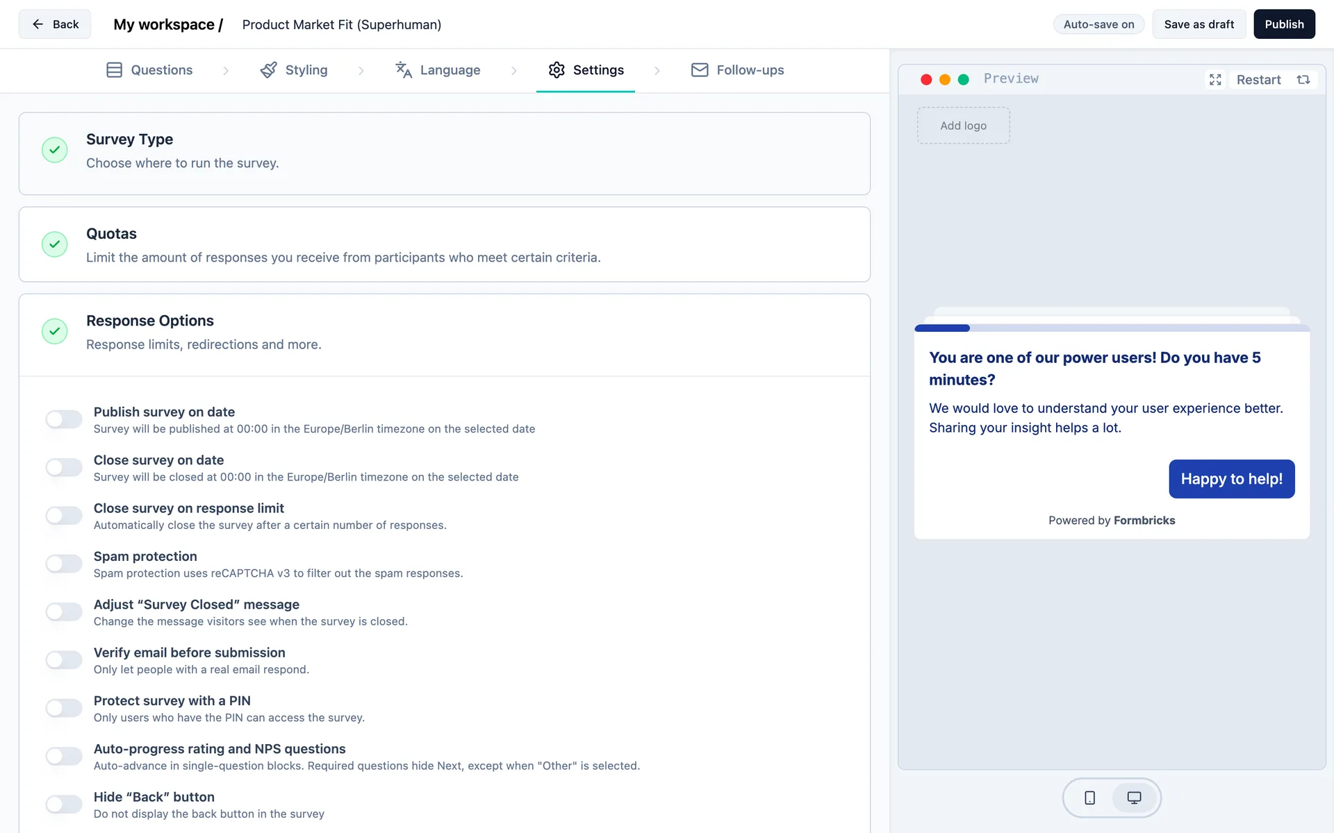 Response Options in the survey settings