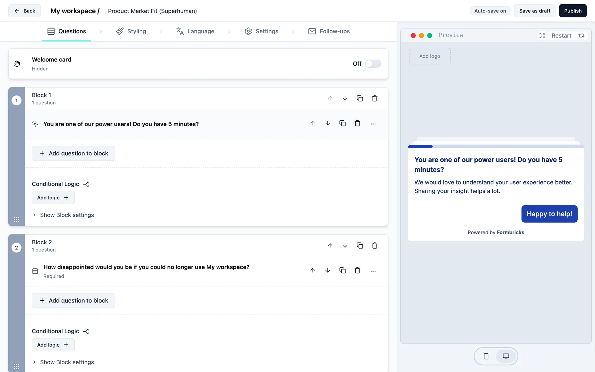 The survey editor with the template questions