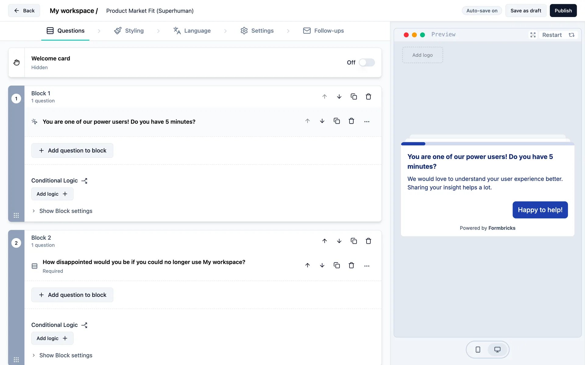 The survey editor with the template questions