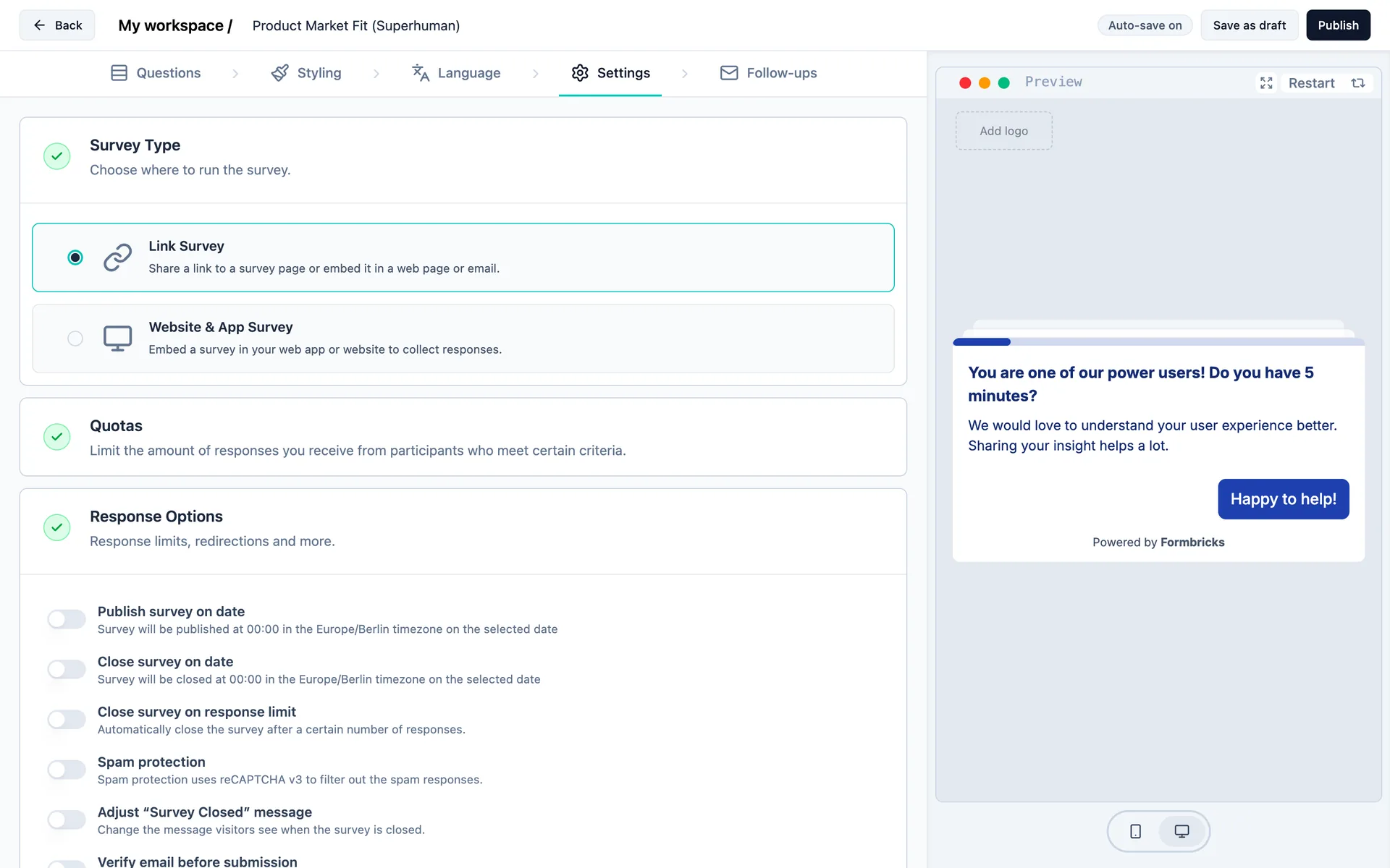 Selecting Link Survey as the survey type